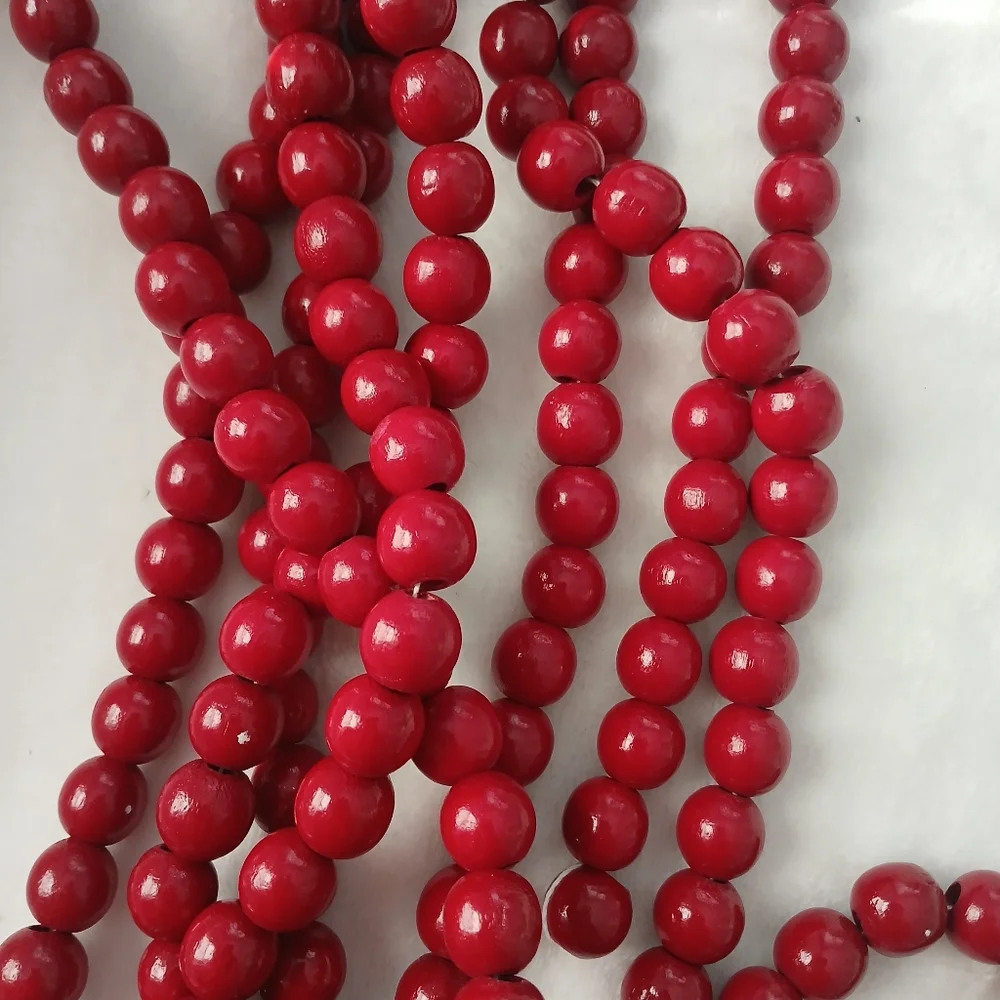 Christmas Red Wooden Bead Garland 9Ft Set Of 2 Pieces